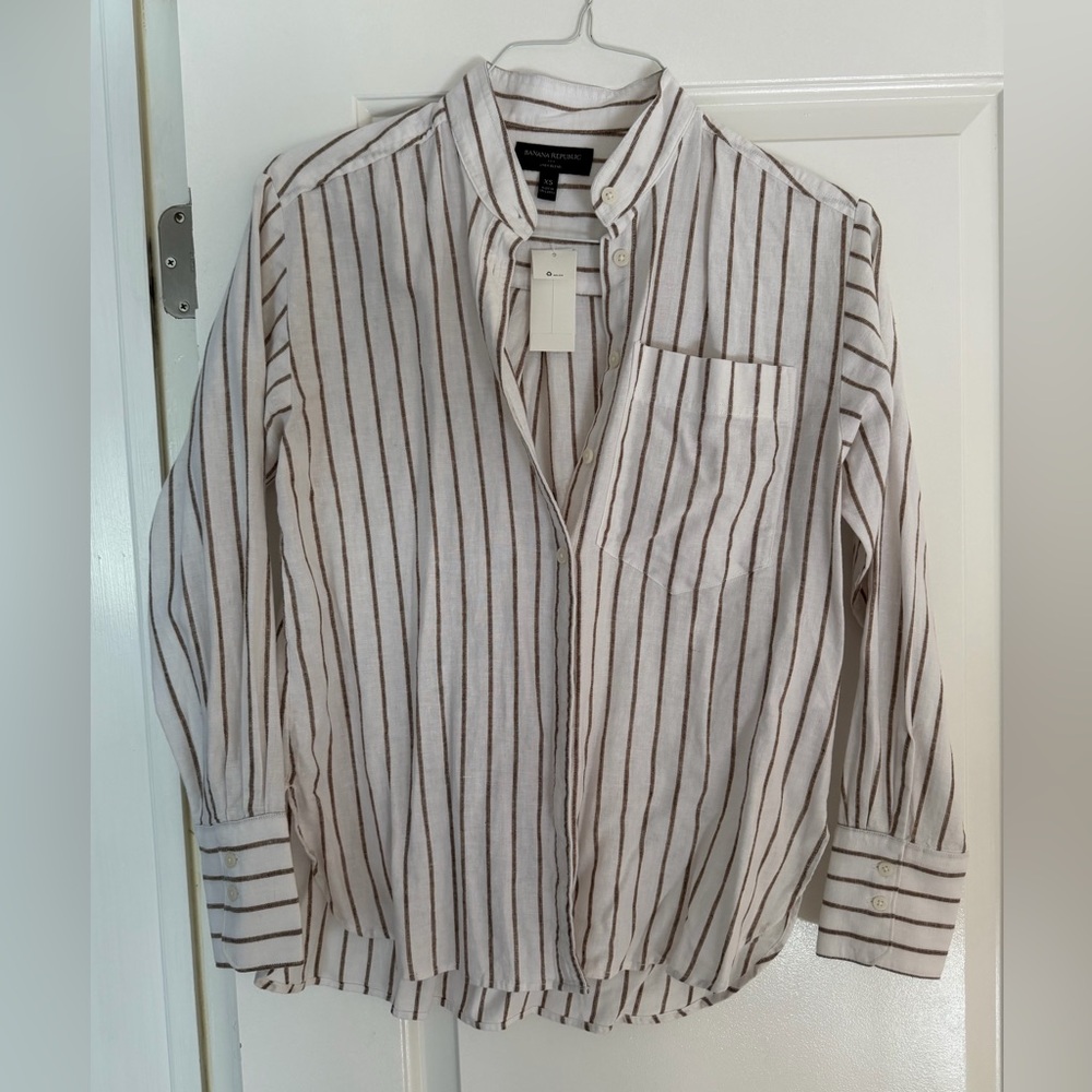 Banana Republic Factory White and Tan Striped Button-Down Shirt